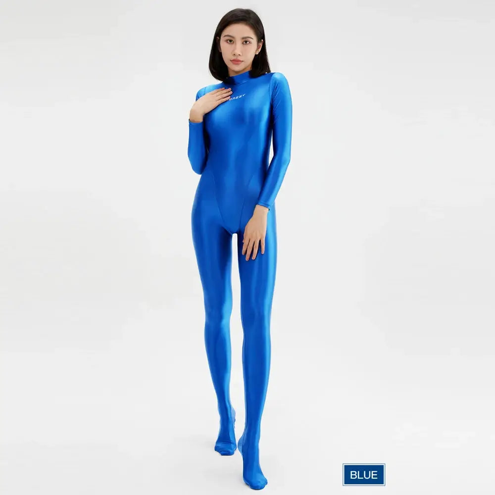 Womens blue wetlook catsuit with full-body zipper; shiny Zentai jumpsuit for a sleek look