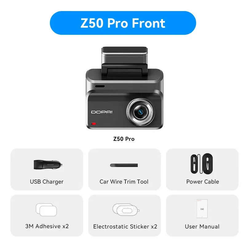 DDPAI Z50 Pro dash cam 4K UHD, 3-inch IPS display; charger, power cable, trim tool, 3M adhesive x2, stickers x2.