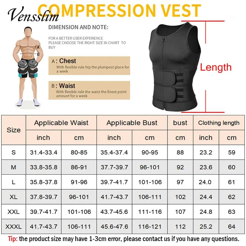 Vensslim men's black compression waist trainer vest with adjustable straps; size chart shown (Simples Market).