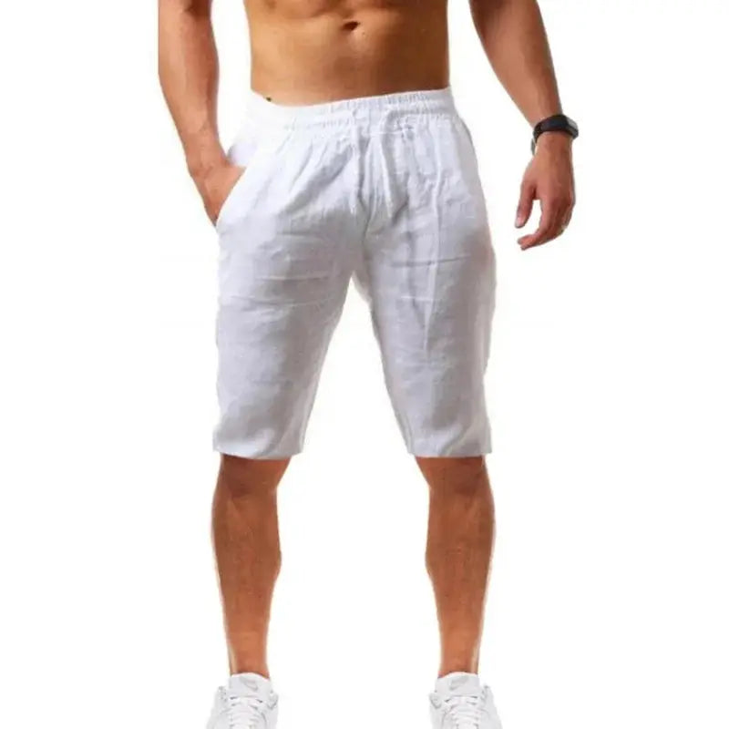 Men's white cotton shorts by Simples Market, breathable summer fitness wear.