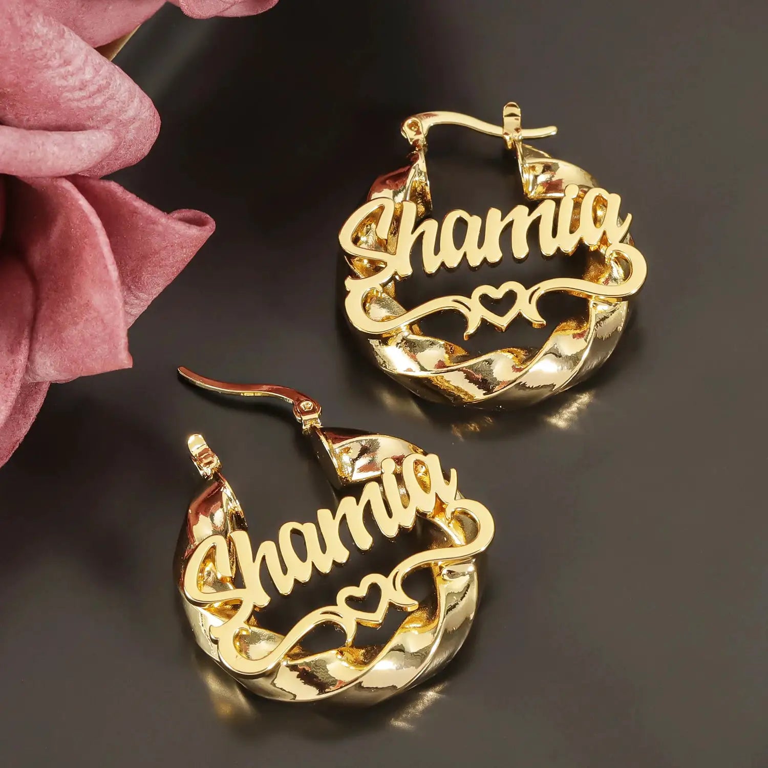 Gold-tone custom-name hoop earrings with cursive script and heart motif; set of 3