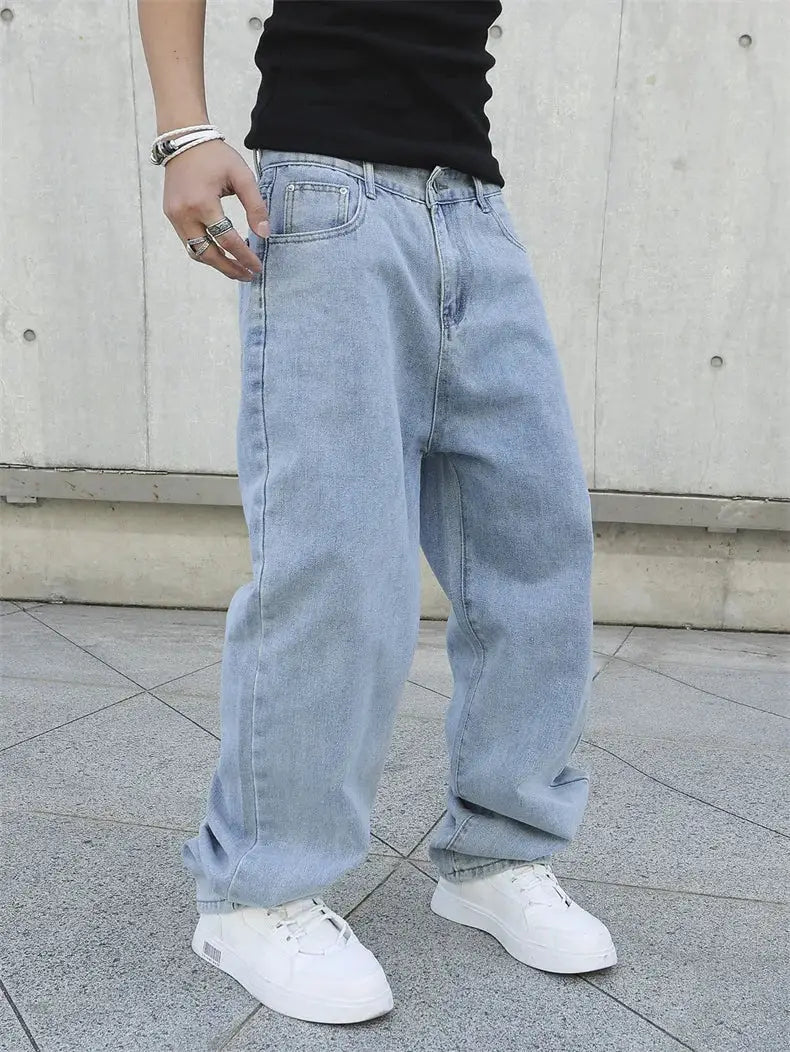 Simples Market men's baggy light blue denim jeans, oversized straight fit, streetwear style
