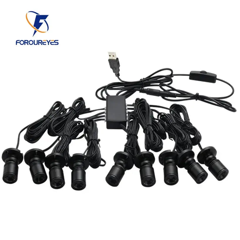 Dimmable USB 5V cabinet LED light kit with multiple black mini downlights and power adapter from FOROUREYES.