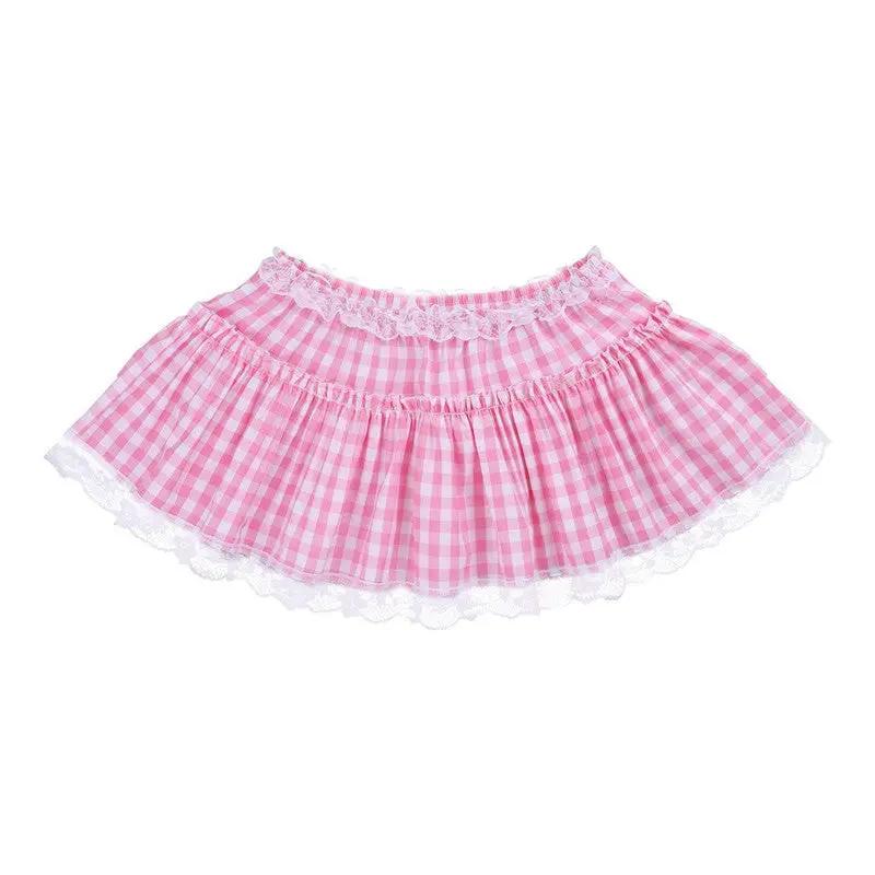 Women's pink gingham lace-trim mini skirt with ruffled hem