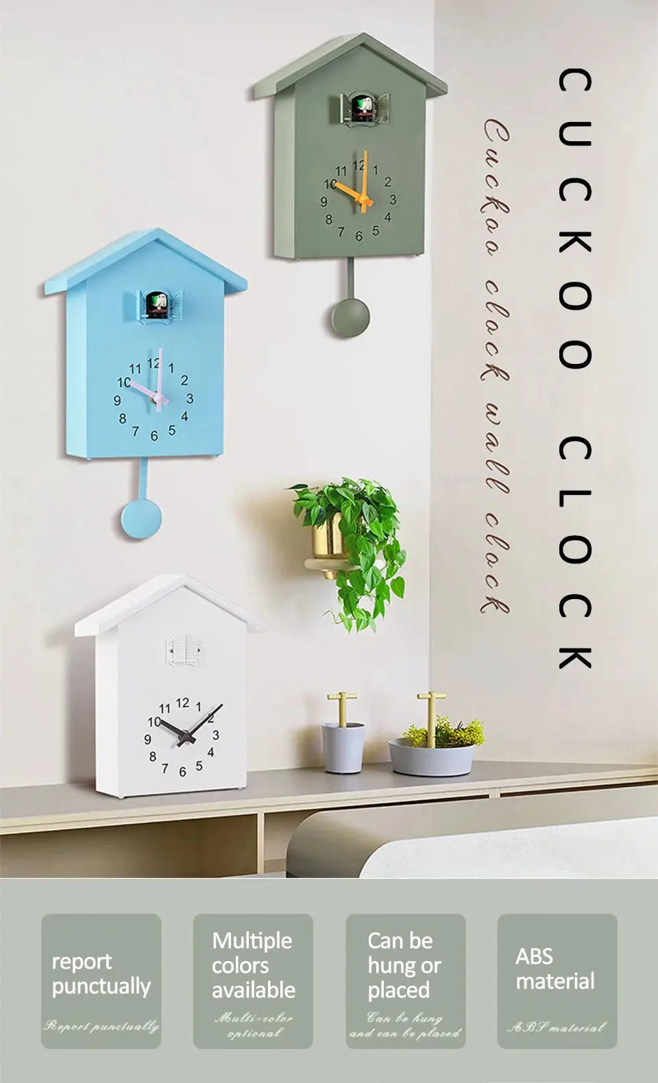 Cuckoo quartz wall clock set by Simples Market: three pastel house clocks in blue, green and white with pendulums