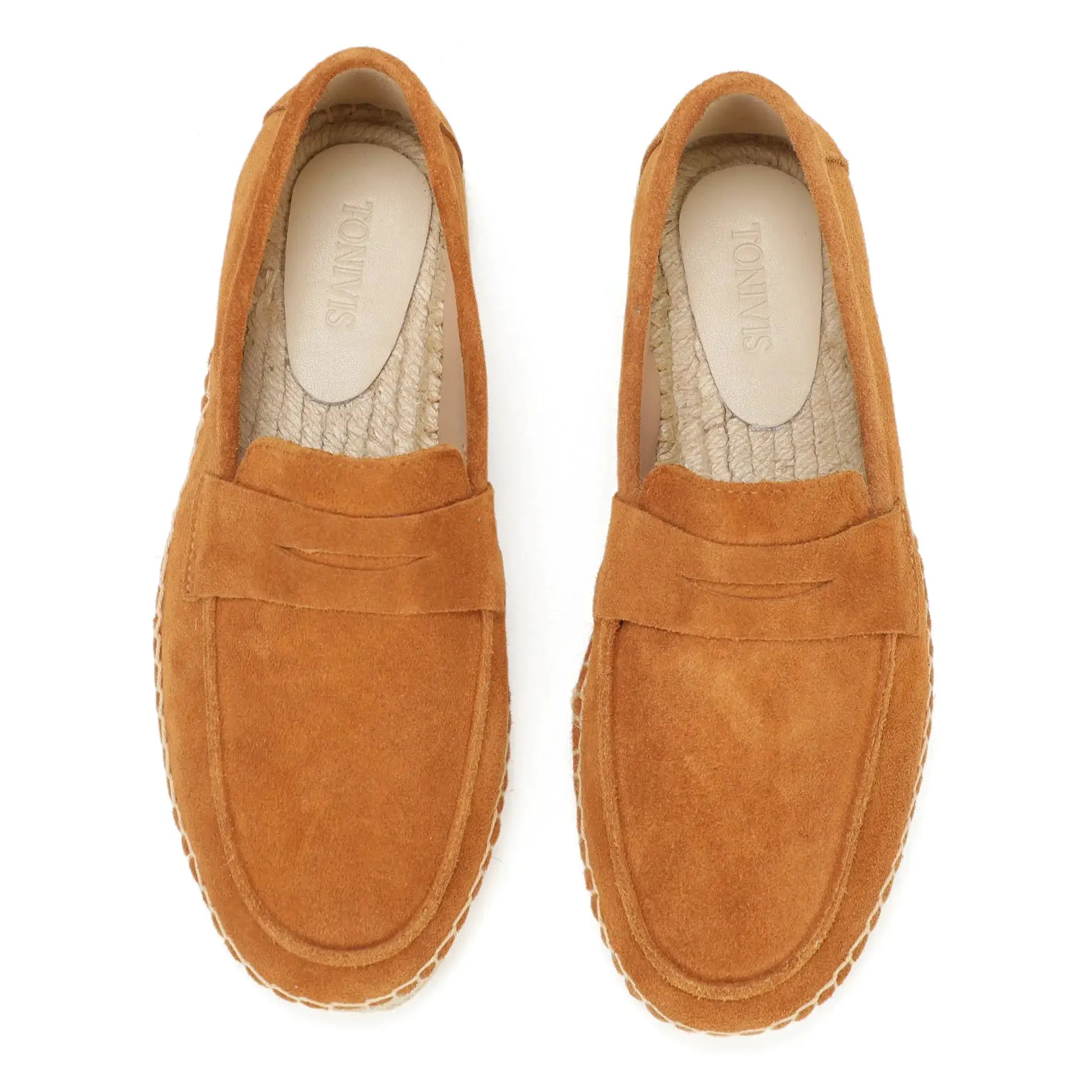 Men's jute espadrilles slip-on loafers cow suede leather casual shoes, Simples Market pair in orange-tan
