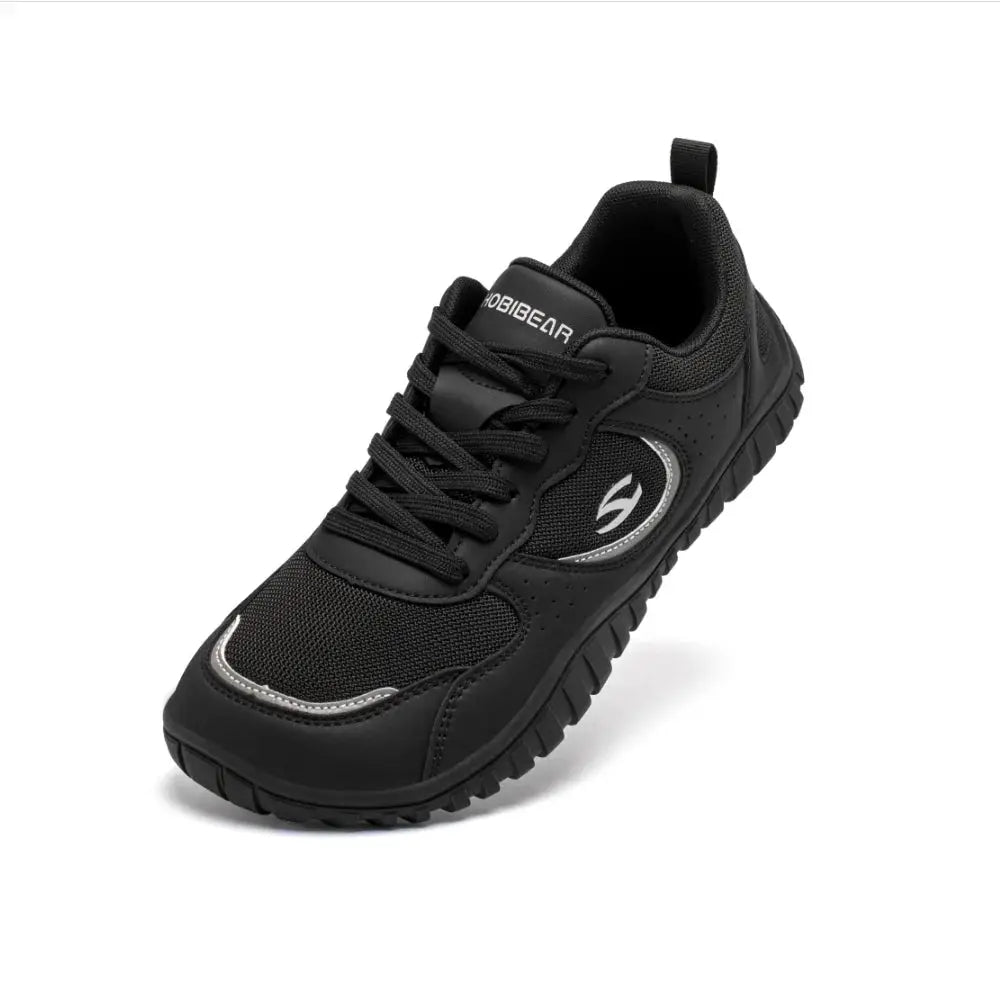HOBIBEAR unisex wide-toe black lace-up sneakers with mesh upper and rugged outsole