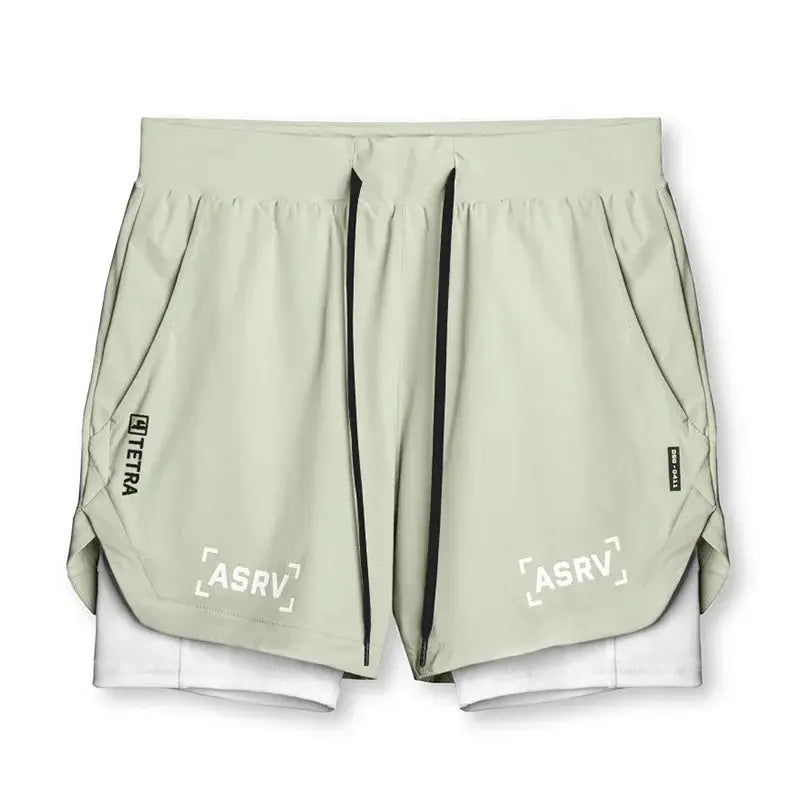 ASRV men's quick-dry 2-in-1 double-deck shorts in light gray with black drawstrings and inner white liner, ASRV logos.