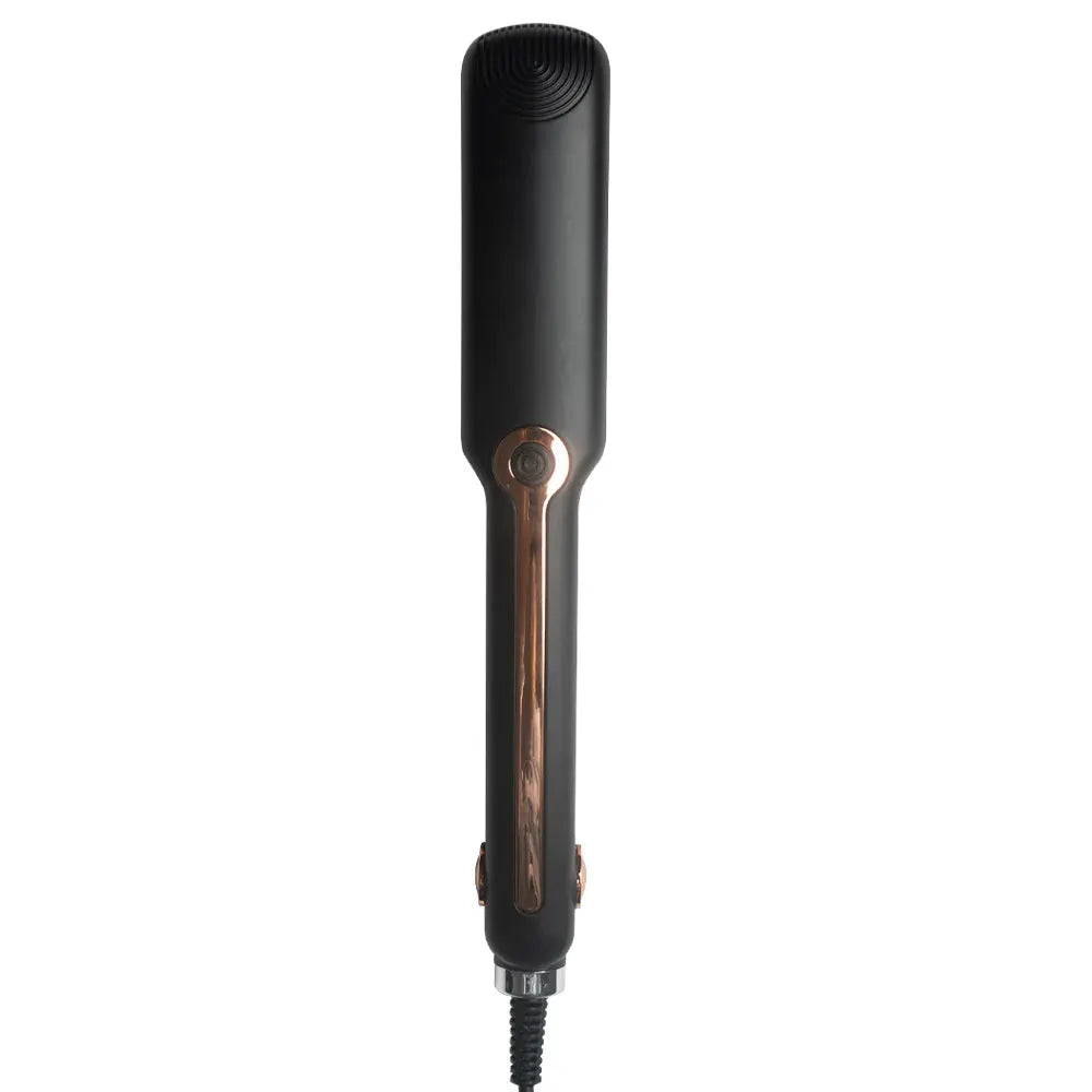 Tinsol 2-in-1 hair straightener curling iron with ceramic plates, black body and rose-gold trim, corded