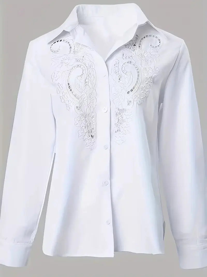 Plus-size white long-sleeve blouse with embroidery and hollow-out floral design, Simples Market.