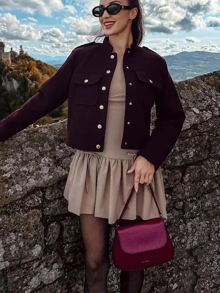 HH 2024 Fashion Women Soft Tweed Bomber Jacket O Neck Long Sleeve Pockets Button Closure Loose Woolen Coat Streetwear