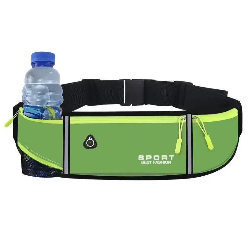 Simples Market running waist bag in lime green with black strap, three waterproof pockets and water bottle pocket.