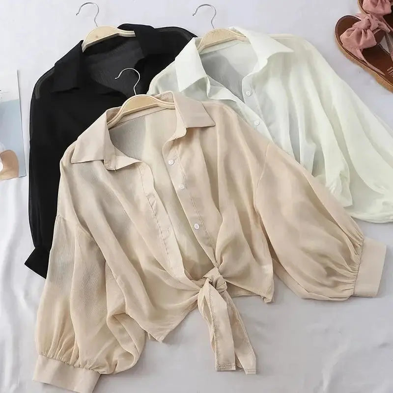 Chiffon tied-waist blouse set in beige, white and black (3 pieces) by Simples Market
