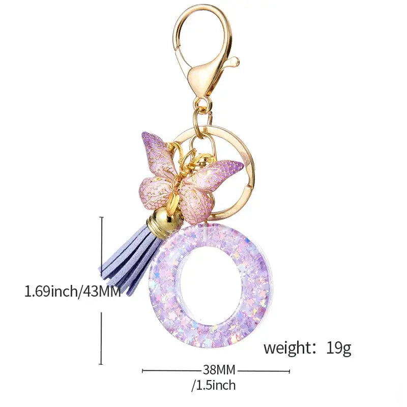 Sequin Letters Keychain For Women With Tassel Butterfly Pendant Initial Key Ring Purse Charm Car Key Chain Accessories