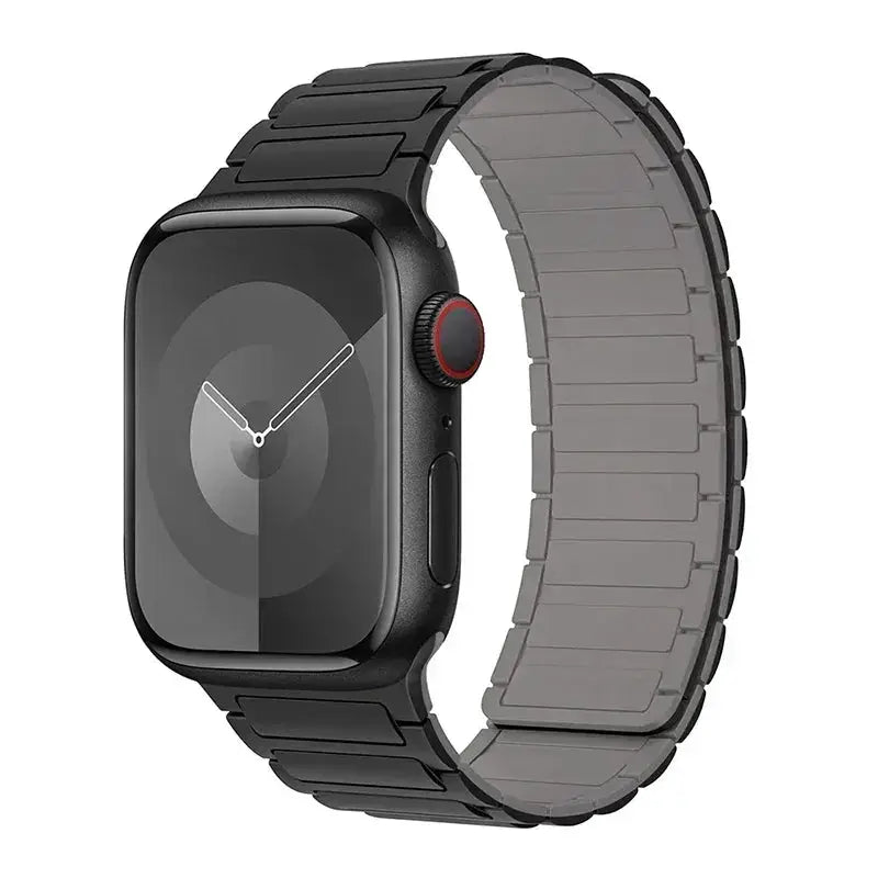Magnetic loop Apple Watch band by Simples Market, black metal link strap with gray underside, fits 38–49mm Apple Watch.