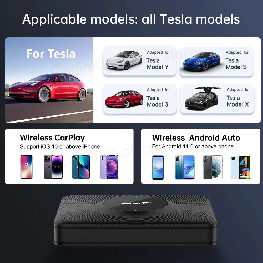 T2C CarlinKit wireless CarPlay/Android Auto adapter for Tesla Model 3/Y, black by Simples Market