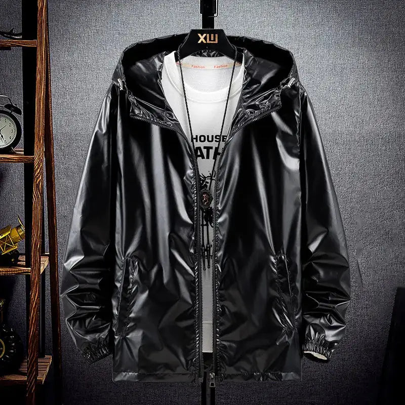 Men's shiny black hooded bomber windbreaker jacket with front zipper and pockets