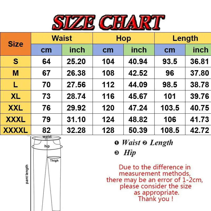 Simples Market men's fleece jogger pants size chart with waist, hip and length measurements.