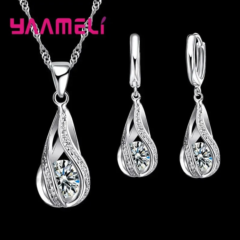 Water Drop CZ 925 Sterling Silver Plated Jewelry Set For Women Pendant Necklace And Hoop Earrings For Wedding Ceremony