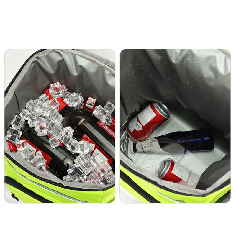 Simples Market 30L soft insulated cooler backpack in lime green with ice packs and beverages