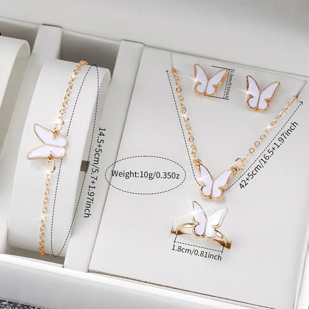 Simples Market 5-piece butterfly jewelry set in rose-gold tone with white enamel (bracelet, necklace, ring, earrings)
