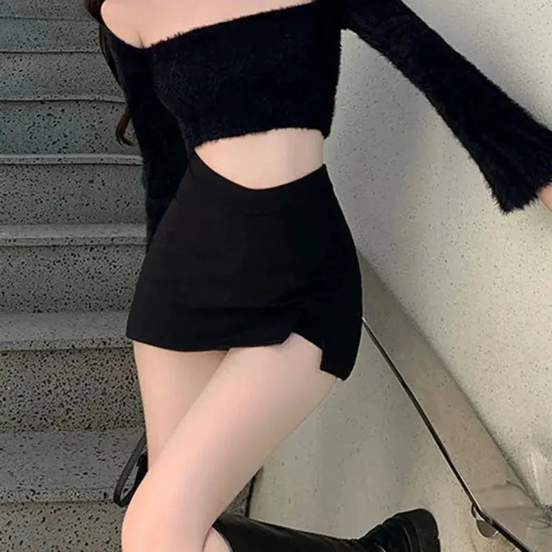 Black high-waist split mini skirt with front slit for women