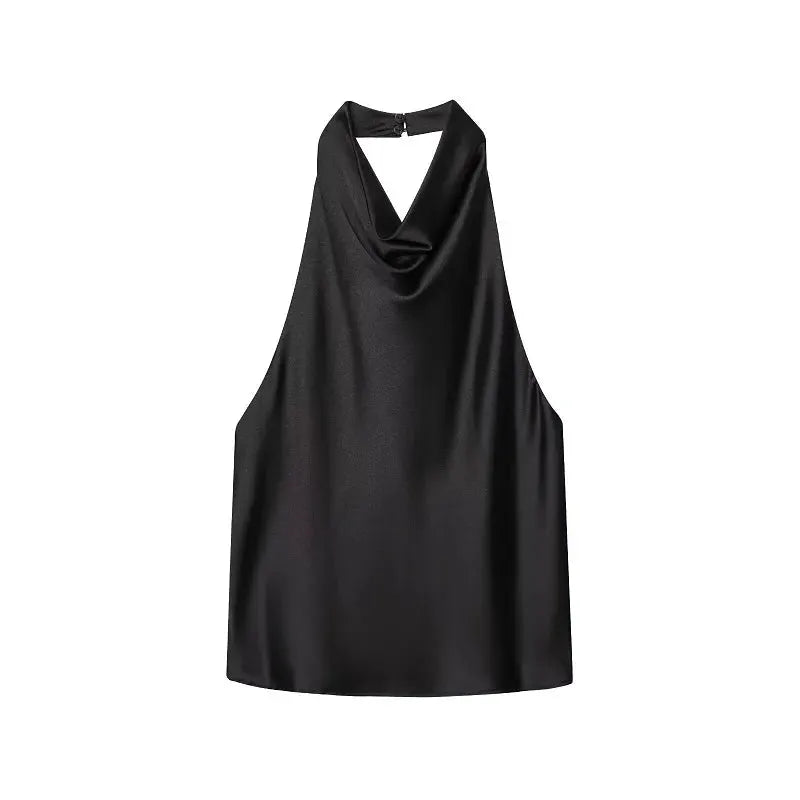 Mujer 2025 Black Satin Halter Top Backless Camisole For Women Off Shoulder Beachwear Summer Top