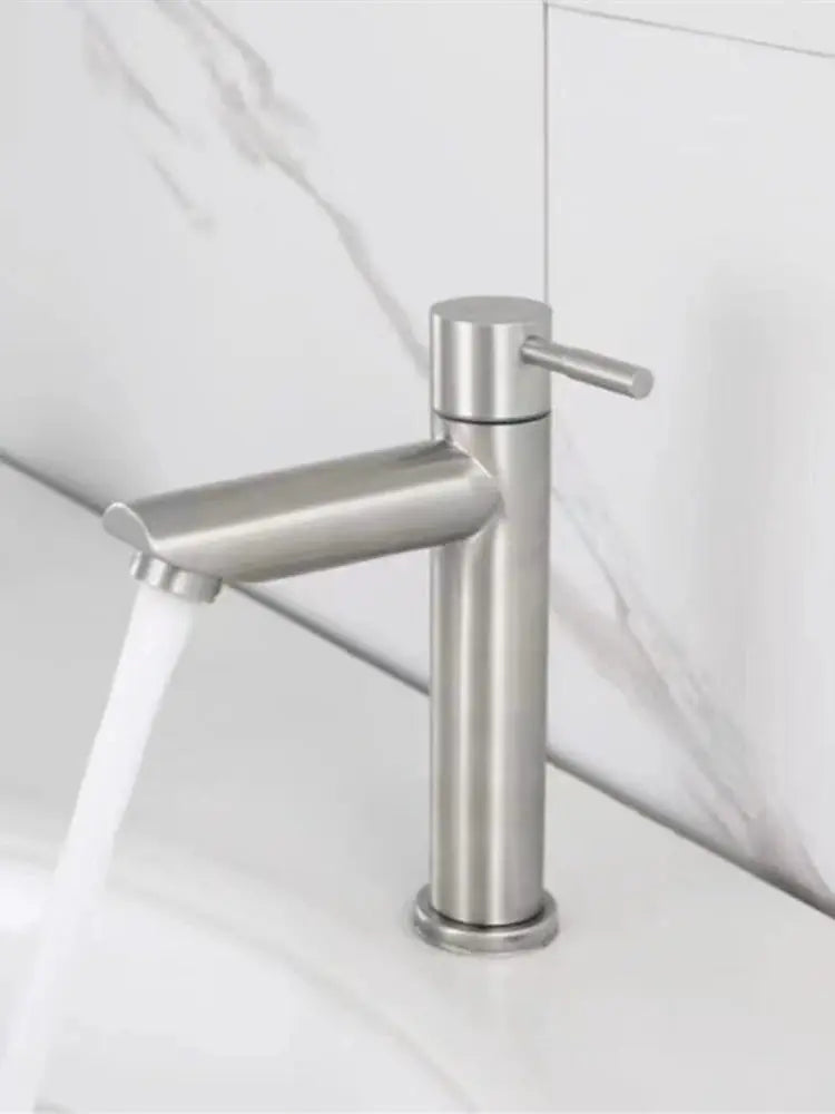 Brushed stainless-steel basin faucet, deck-mounted long-spout, single cold-water tap.