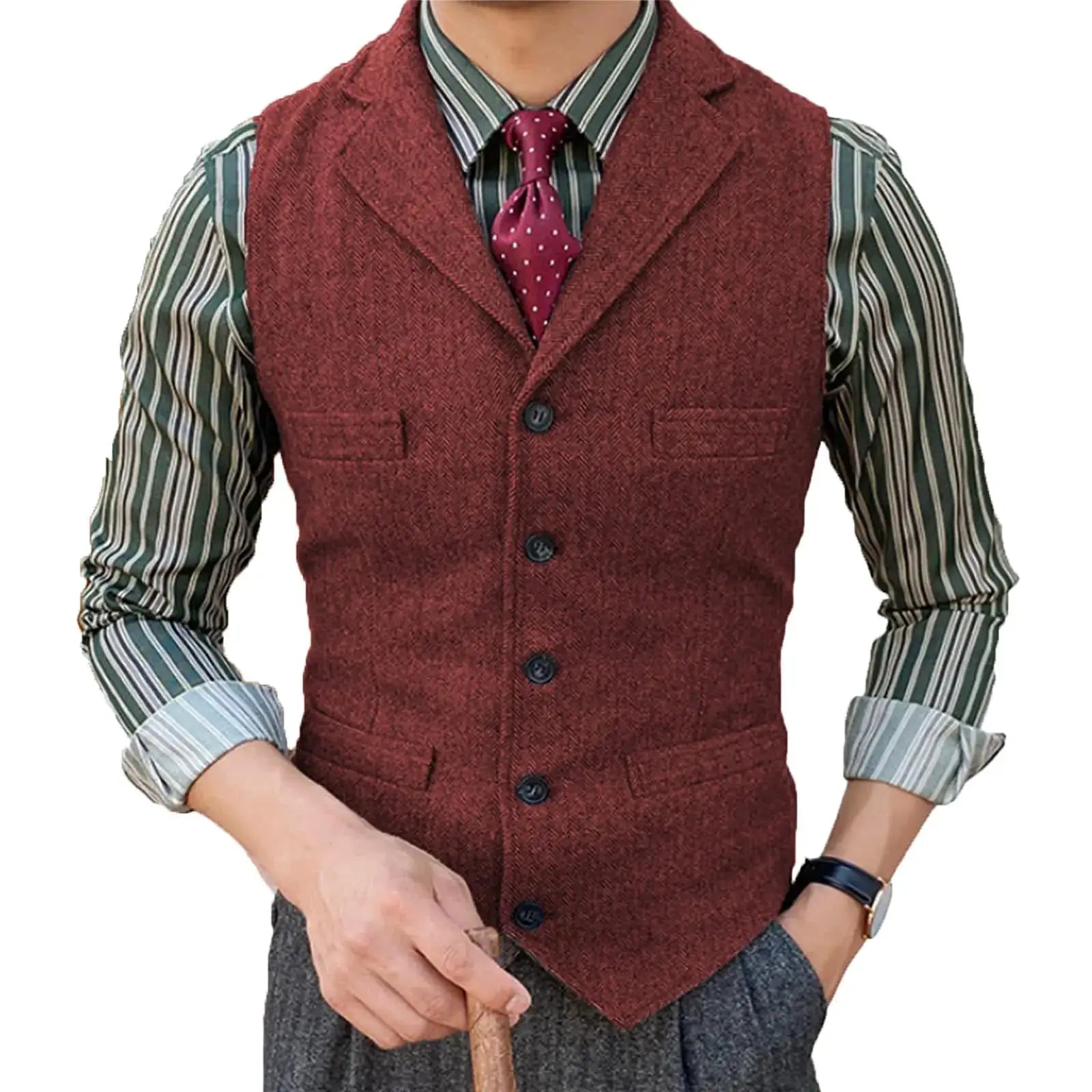 Men's burgundy wool herringbone vest with lapel, button-front, paired with green striped shirt and maroon polka-dot tie.