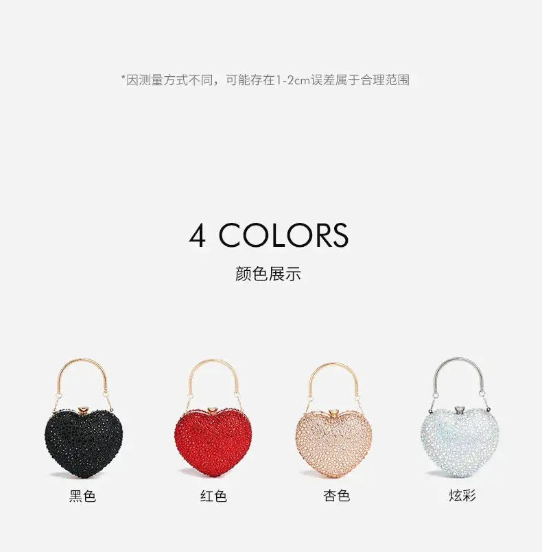 4-color heart-shaped crystal clutch purses by Simples Market in black, red, apricot, and iridescent colors.
