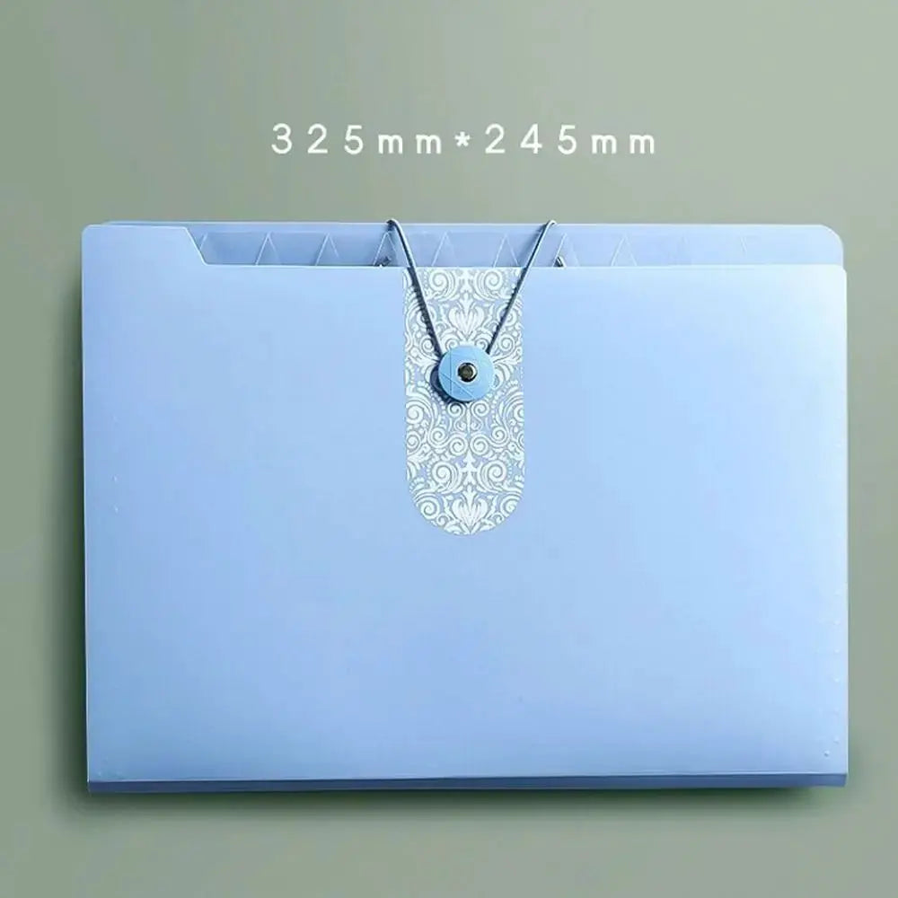 A4 blue expanding file folder with 8-grid compartments, patterned strap and button clasp
