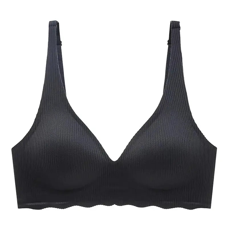 Seamless women's bra black striped with V-neck and adjustable straps, Simples Market; non-removable cups.