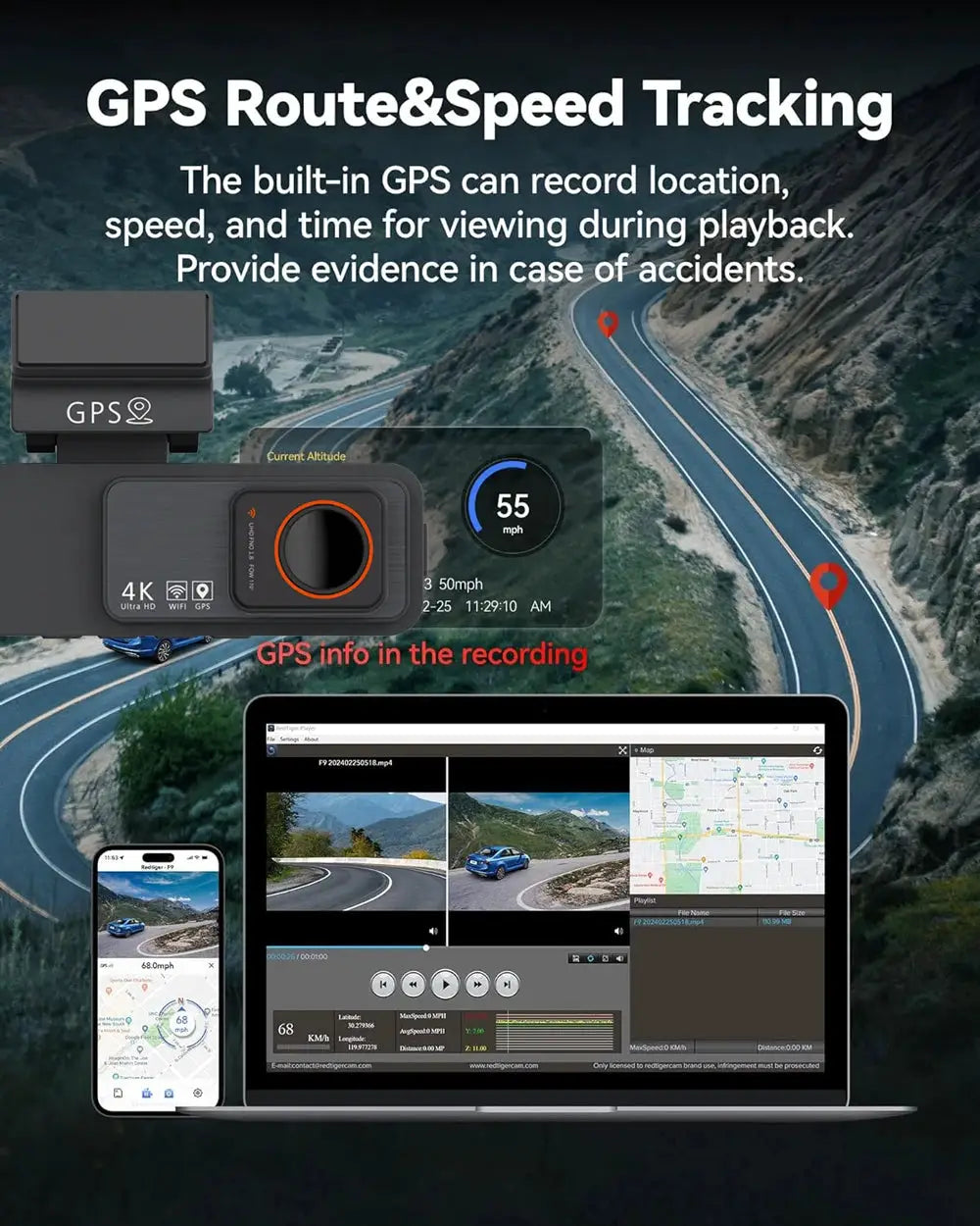 Dash Cam Dual Lens 4K UHD car camera with GPS and Wi‑Fi; front 4K, rear 2.5K, night vision