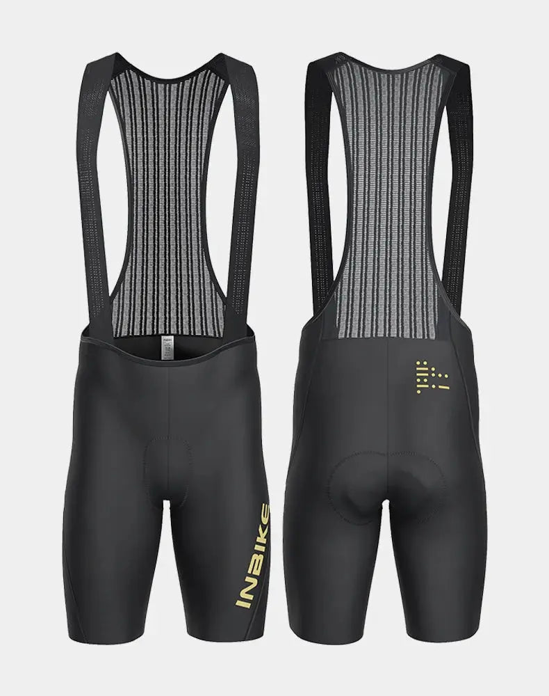 INBIKE men's MTB cycling bib shorts with black mesh bib straps, front and back views.