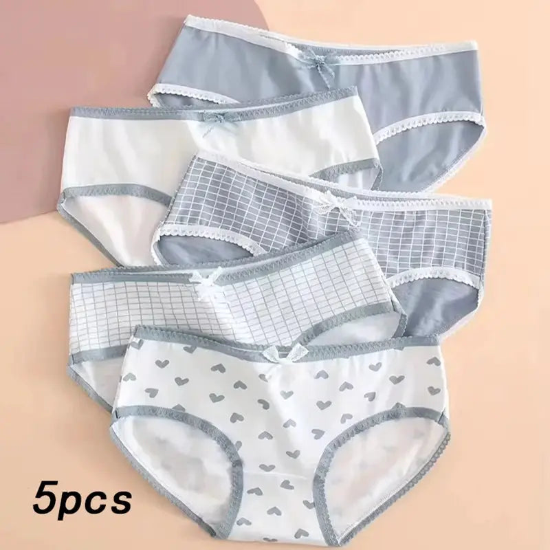 5pc women's cotton panties underwear set; soft breathable briefs in bow, heart and plaid prints