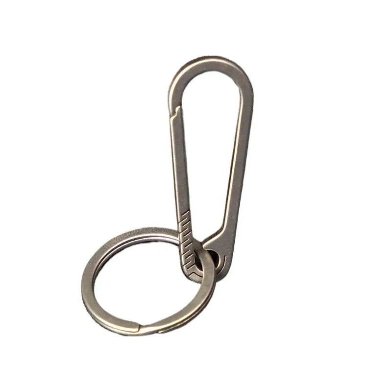 Silver-toned titanium alloy keychain with quick-release carabiner and metal keyring