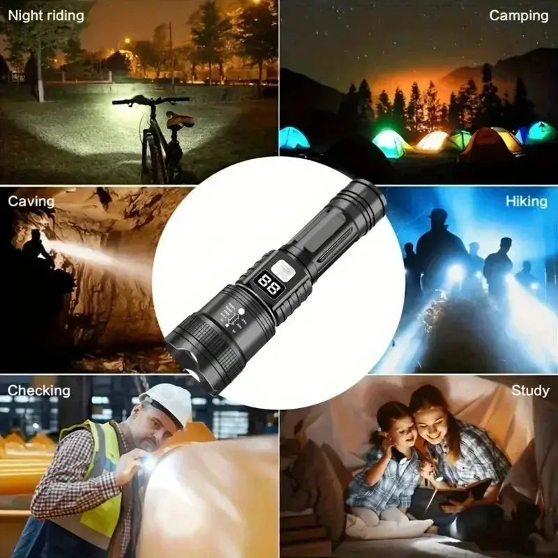 Flashlight black 100000LM rechargeable LED with digital display; tactical outdoor use