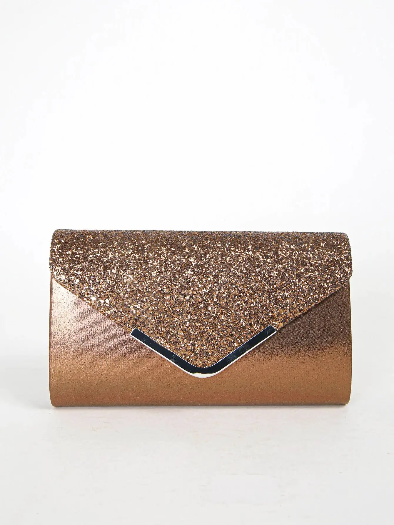 Sequin envelope clutch bag in bronze-brown with silver V accent for parties