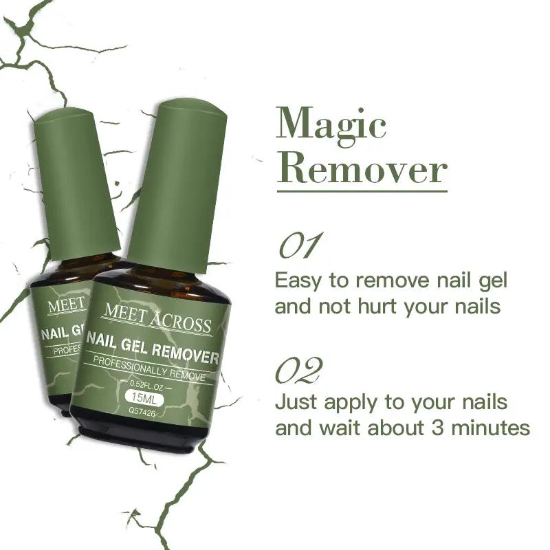 Meet Across 15ml nail gel remover bottles, two green-cap glass bottles with green labels