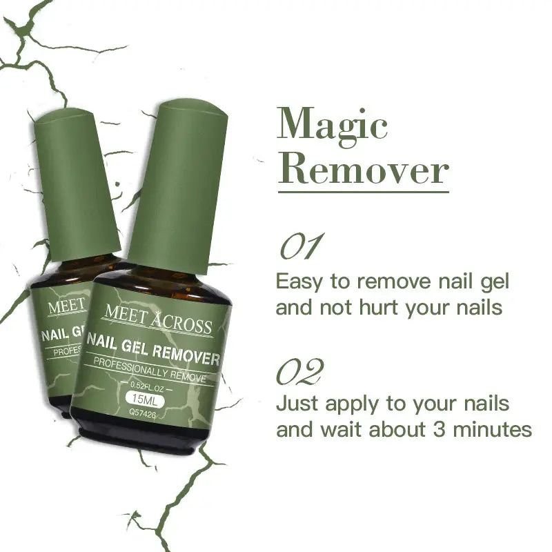 Meet Across 15ml nail gel remover bottles in green with olive caps (set of 2)