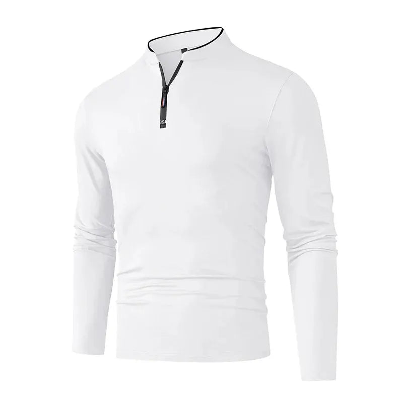 Men's stand-collar half-zip long-sleeve shirt, white, slim-fit casual pullover
