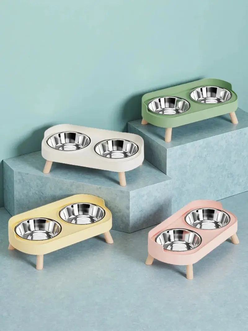 Simples Market fashion pet food and water station with neck support, dual stainless steel bowls; set of four pastel color options