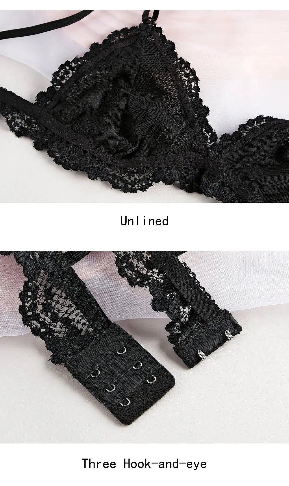 Black lace bralette for women with triangle cups, scalloped edges, adjustable straps, three-hook closure
