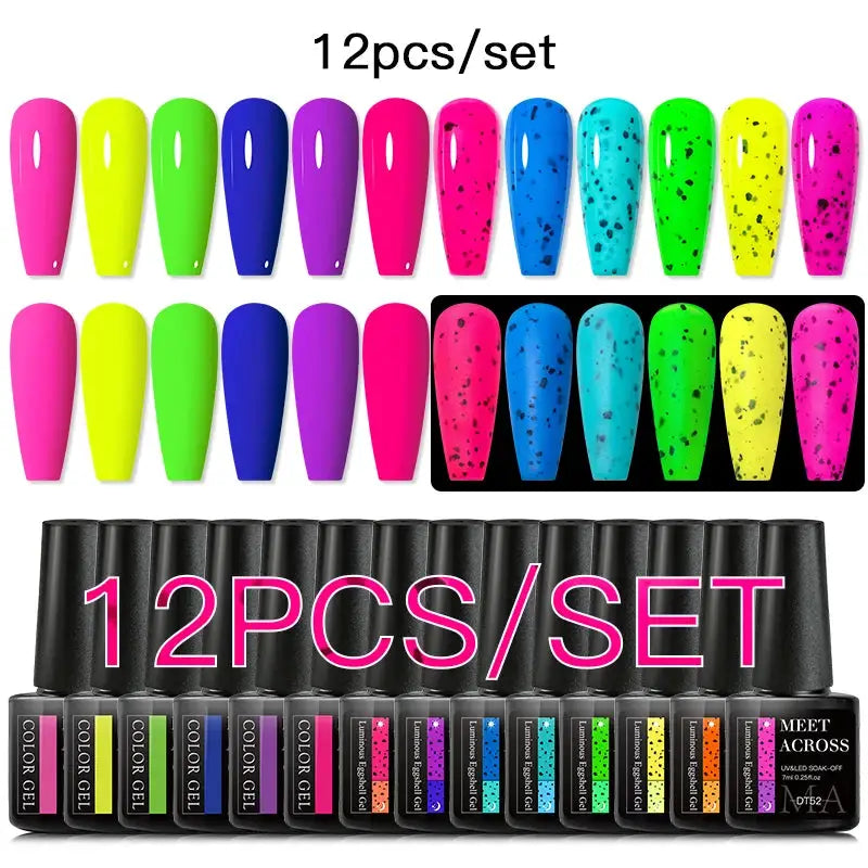 Gel nail polish set, 12-color glitter polishes by Simples Market; neon pink/blue/green/yellow shades