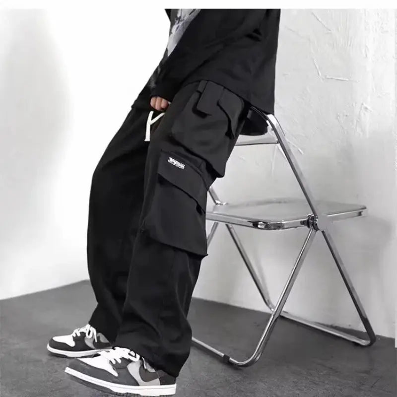 Simples Market men's black cargo baggy jogger pants with multiple utility pockets