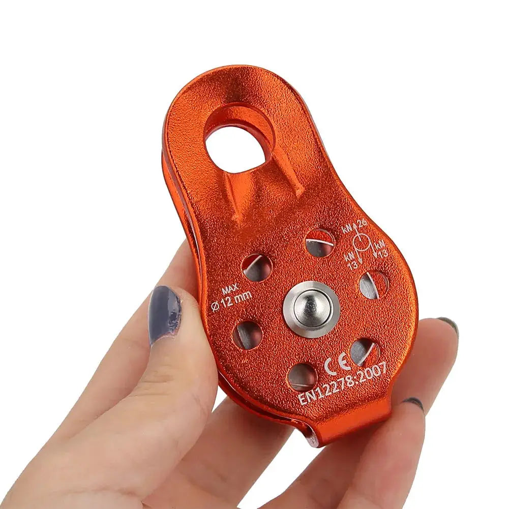 Orange aluminium single-swivel rope pulley block for 12mm rope, compact climbing pulley