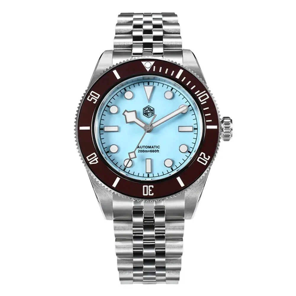 San Martin 40mm BB diver watch with light blue dial, burgundy bezel, stainless steel bracelet