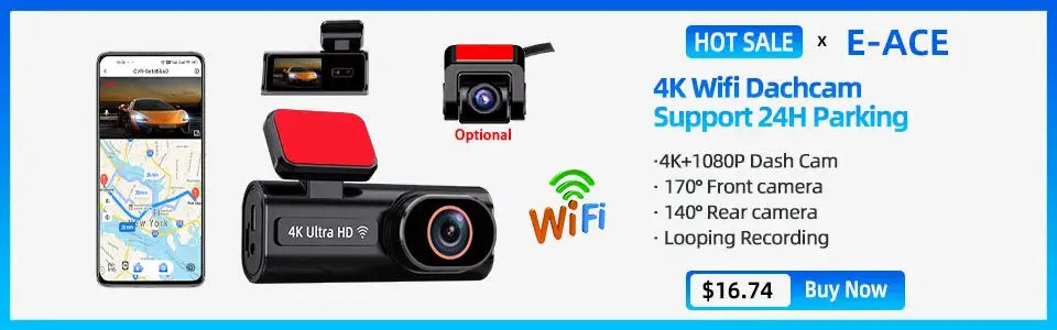 E-ACE 4K WiFi dash cam bundle by Simples Market with front and rear cameras and mobile map app