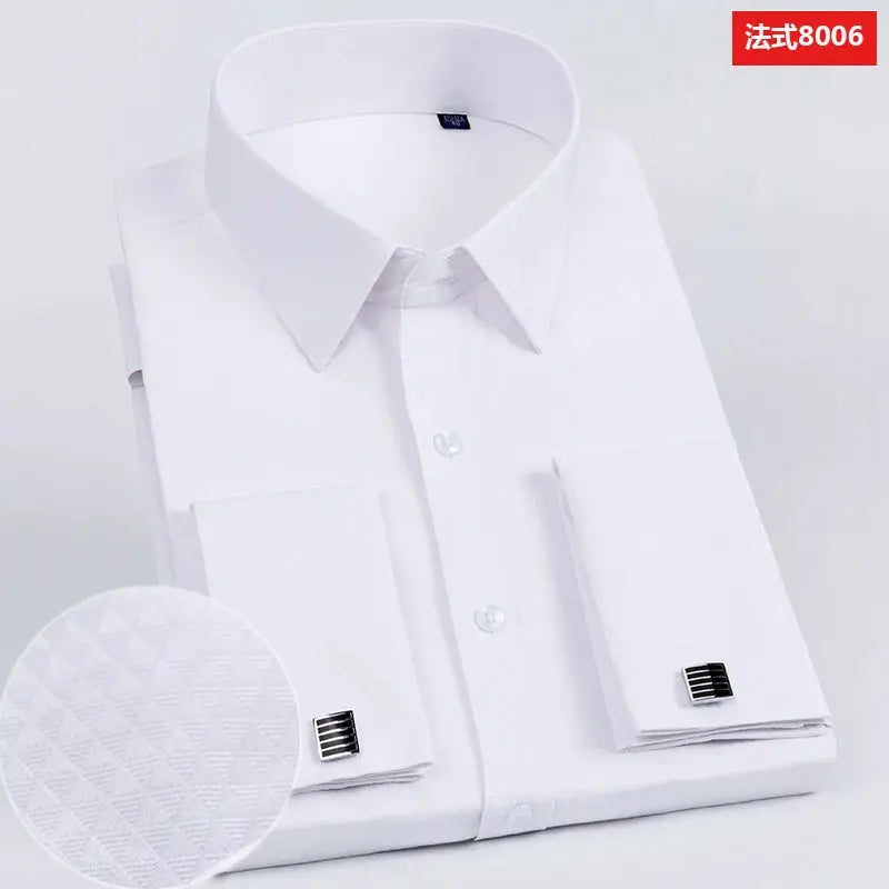 Men's white slim-fit dress shirt with French cuffs and cufflinks, Simples Market