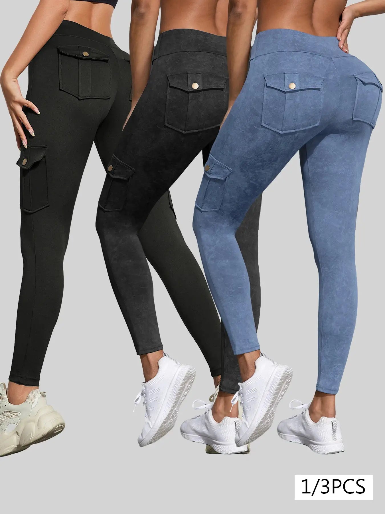 Simples Market 1/3 PCS washed butt-lifting work-pocket leggings for women in black, charcoal, and blue with back pockets